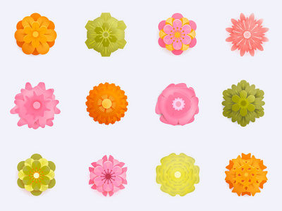 纸花与逼真的阴影集。3d 渲染, papercut 艺术, 花卉背景, 植物元素, 柔和的春天颜色, 孤立