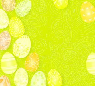 复活节快乐。模板矢量卡与逼真的3d 渲染鸡蛋, 糖果。涂鸦手绘元素背景
