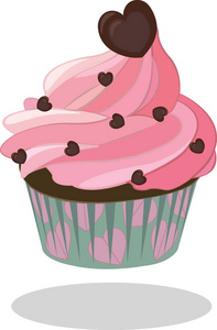 点缀在绿松石纸张案件心形巧克力蛋糕粉红色糖衣。矢量图