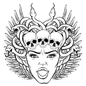 矢量手绘制的插图的女妖肉, 酱和沙拉开胃的女妖美杜莎的头像雕像.