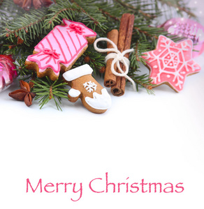 圣诞节生姜和蜂蜜饼干与多彩冷杉的树枝