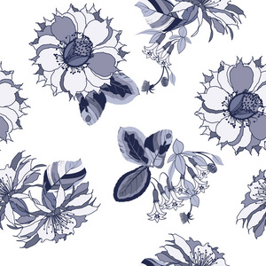 异国花卉花卉装饰的无缝图案壁纸背景为纺织品的英文字体。矢量插图