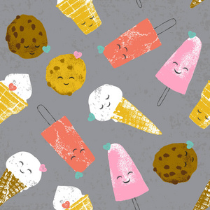 矢量无缝模式与冰淇淋 曲奇饼干和斑点