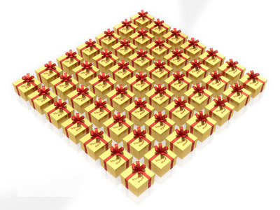 黄金礼品盒用白色背景上的红丝带。3d 渲染