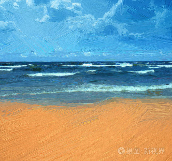 海和海滩.油画风格插图