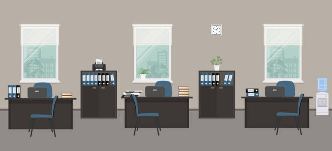 办公室房间以灰色的颜色。图片中有黑色书桌蓝色椅子打印机水冷器文件柜和窗口背景上的其他对象。矢量平图