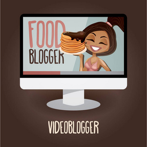 可爱的女孩与煎饼视频博客。矢量插图的卡通风格。Youtuber。博客