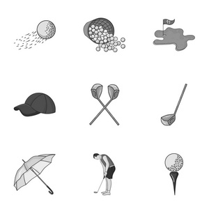 高尔夫俱乐部在单色样式中设置图标。高尔夫俱乐部矢量符号股票插画的大集合