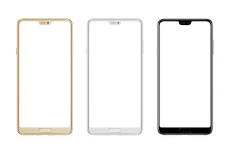 金色的现代智能手机银色和黑色。 孤立的SCR