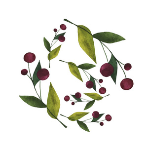 野生浆果和绿叶花环美丽水彩画的矢量图解设计