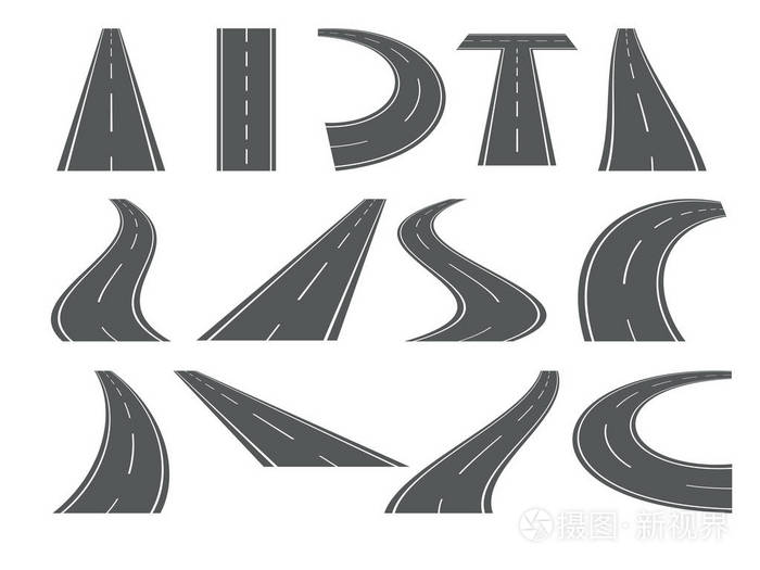 插画 公路, 沥青路.透视中的一组曲线元素.弯曲的路向量例证.eps