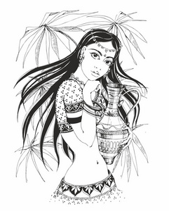 印度女孩。美丽的水壶。民族色彩。时尚的图形。为明信片和设计。着色。向量