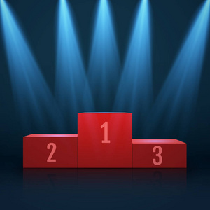 斯大林格勒获奖者白色的获奖者登上领奖台与聚光灯和纸屑.矢量照片