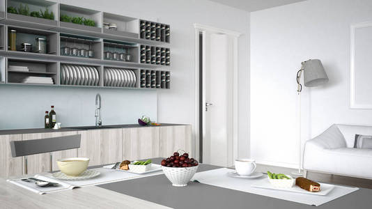 简约白色的厨房与木和灰色的详细信息，vegetar