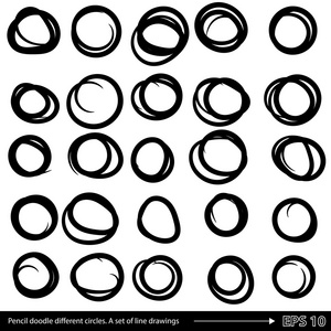 手绘涂鸦不同的圆圈。 一套粗体线条图