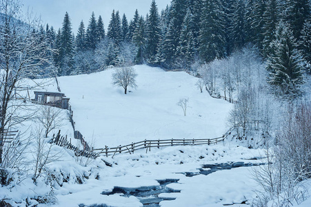 冬天降雪后的山区河流