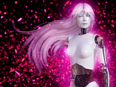 女机器人的长长的头发和散景光效果的 3d 渲染