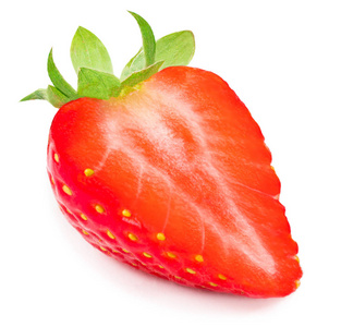 断层草莓半个草莓在白色背景上分离. 红色成熟稻草照片