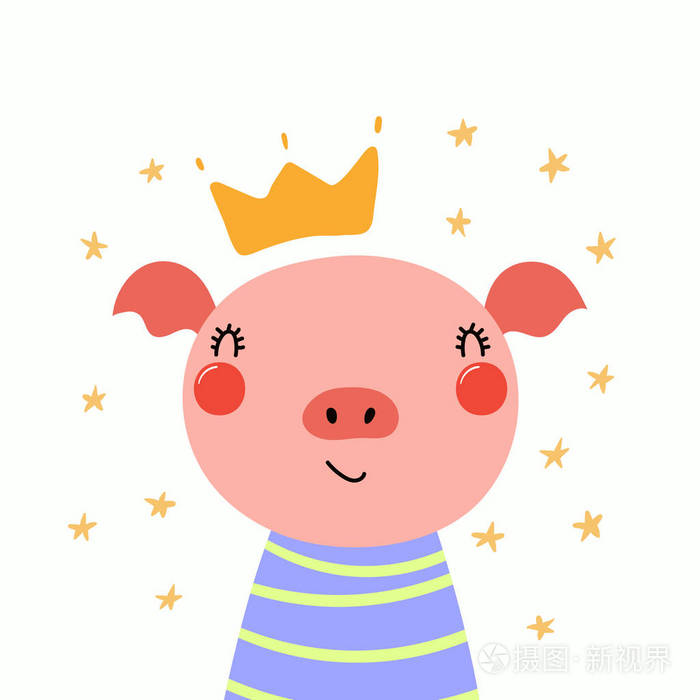 手绘可爱有趣的小猪在衬衫和皇冠, 与明星孤立的白色背景