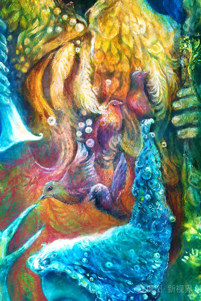 金色的太阳神,蓝色的水神,仙女的孩子和凤凰双