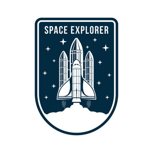 太空徽章与火箭和宇宙飞船发射。老式的宇航员标签或补丁为刺绣在空间概念。t恤图形, 会徽和标志设计