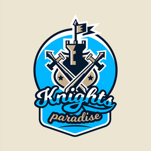 五彩的 logo, 象征着一座古老的堡垒, 带有旗帜和两把剑十字。主题骑士, 勇士, 城堡。矢量插图