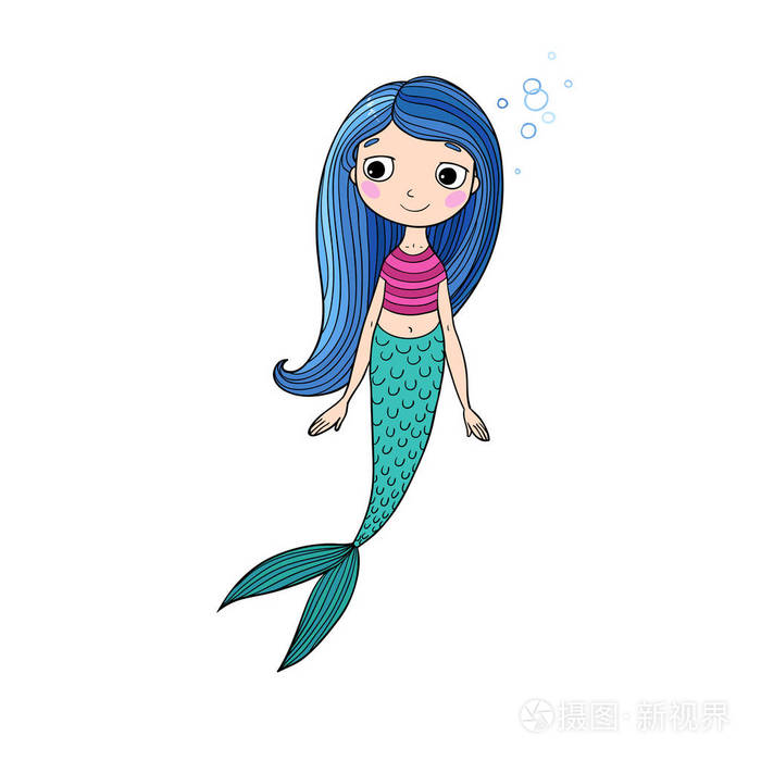 留着长头发的漂亮可爱的卡通美人鱼.警报器.海洋主题