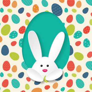 海报与白色兔子和五颜六色的蛋复活节设计。矢量