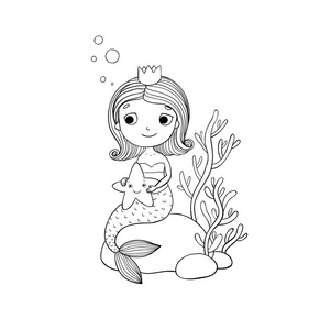 美丽的小美人鱼,跟坐在一块石头上的海星照片