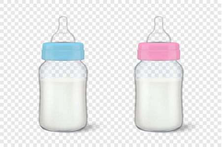 现实的婴儿母亲母乳在两个婴儿奶瓶为男孩蓝色和女孩粉红色图标集特写孤立。无菌牛奶容器设计模板, 图形样机