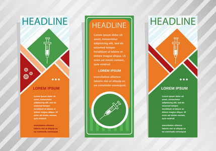 垂直横幅上的注射器图标。现代横幅, 宣传册设计