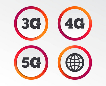 移动通信图标.3g,4g 和5g 技术符号.世界地球标志.图表设计按钮.
