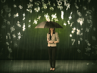 女商人站在一起的伞和 3d 数字雨浓