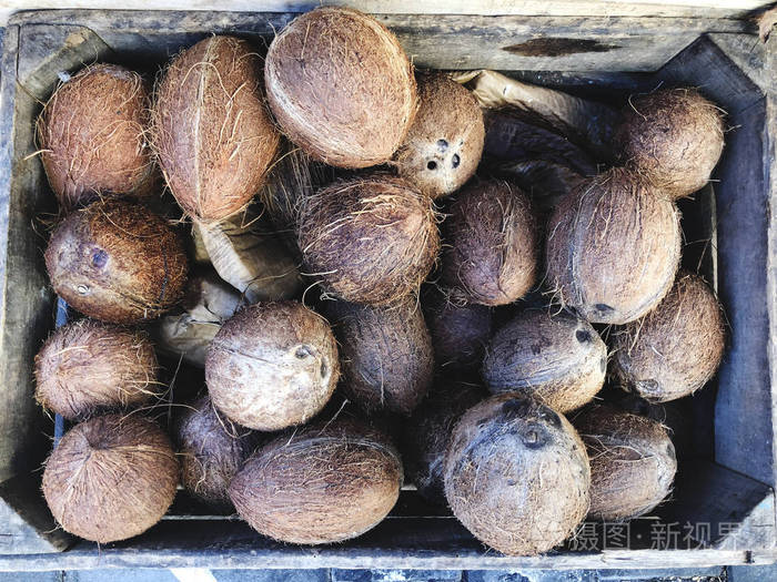 在市场上出售的椰子.整个新鲜棕色的小小的组.农业背景.特写镜头.