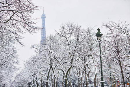 在大雪的日子里欣赏埃菲尔铁塔的美景