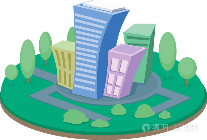 美丽的卡通城市海岛与绿色地面和五颜六色的大厦