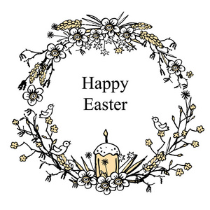 复活节贺卡, 配有鸡蛋, 鸟, 复活节蛋糕和早午餐的花环。手工绘制的葡萄酒背景。矢量