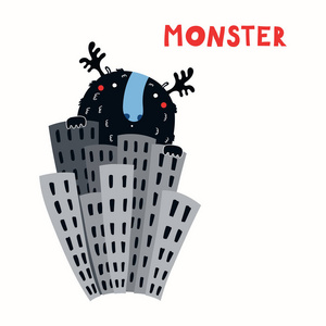 手绘巨大的滑稽怪物在城市之间的摩天大楼, 矢量, 插图