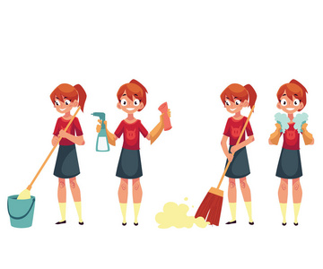 十几岁的女孩打扫屋子，做家务，卡通矢量图