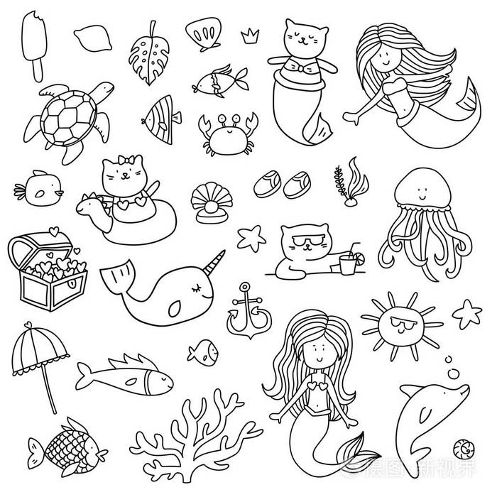 丰富多彩的卡通风格夏日海美人鱼插画元素集。水下生活在可爱的标签徽章收藏。准备使用 pin 设计