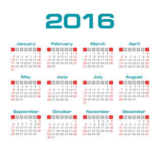 简单 2016 年矢量日历