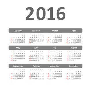 简单 2016 年矢量日历
