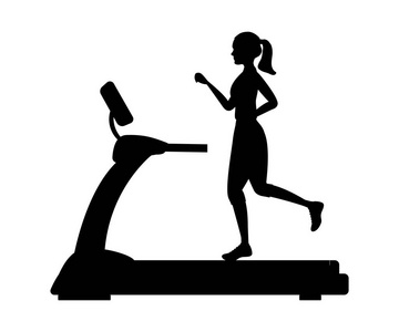 在跑步机上跑步的年轻女子的剪影。矢量插图
