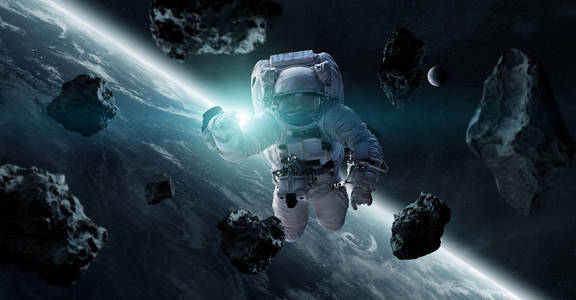 员在外太空宇航员探索小行星宇宙飞船3d 渲染元素宇航员漂浮在空间3d