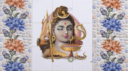 印度普什卡墙上印度教女神的多彩插画