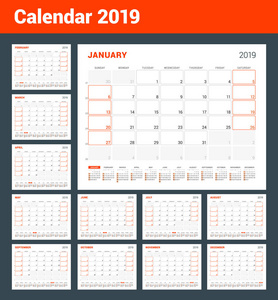 日历规划师2019年。矢量设计打印模板。星期 sarts 在星期日