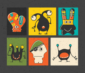 一套六复古邮票与有趣的怪物在不同的颜色背景。卡通插图。矢量贴纸