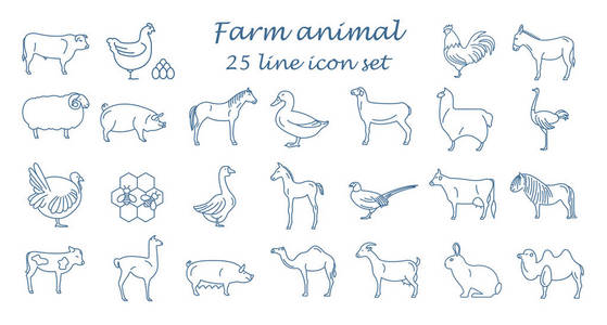 农场动物细线集合。25 图标集。平面设计
