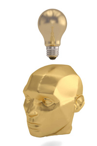 想法电灯泡和头雕塑在白色背景。3d illus