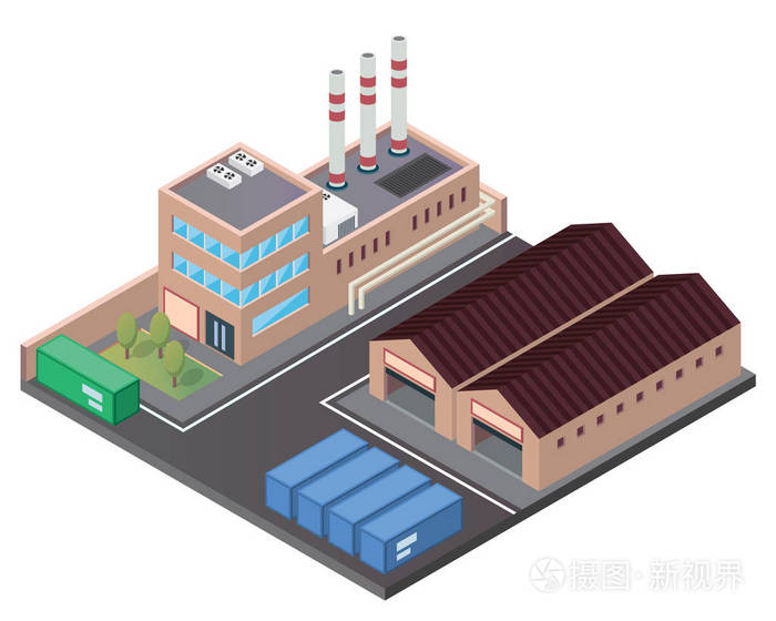 现代等距工业厂房和仓储物流大楼, 适用于图,图表,插图等图形相关资产